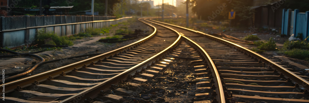 Obraz premium Scenic view of railroad tracks merging towards the horizon under a golden sunset sky, symbolizing travel and decision-making