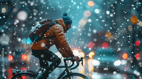 Winter Cycling Adventure in Snowy Urban Night