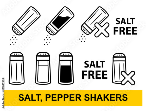 Salt pepper spice shaker bottle, salty free diet food, no sodium, sprinkle powder seasoning line icon set. Glass saltcellar mill cooking utensil. Eating ingredient. Cookery condiment container. Vector photo