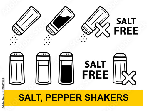 Salt pepper spice shaker bottle, salty free diet food, no sodium, sprinkle powder seasoning line icon set. Glass saltcellar mill cooking utensil. Eating ingredient. Cookery condiment container. Vector
