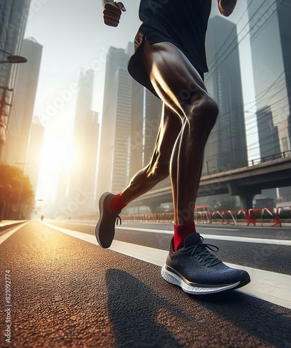 marathon runner legs running on city street photo