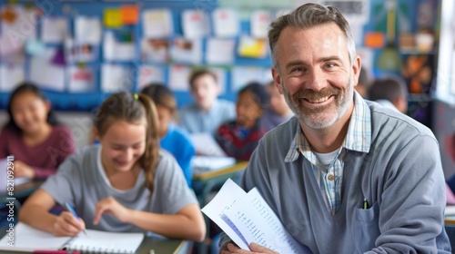 Smiling Teacher in Elementary Classroom