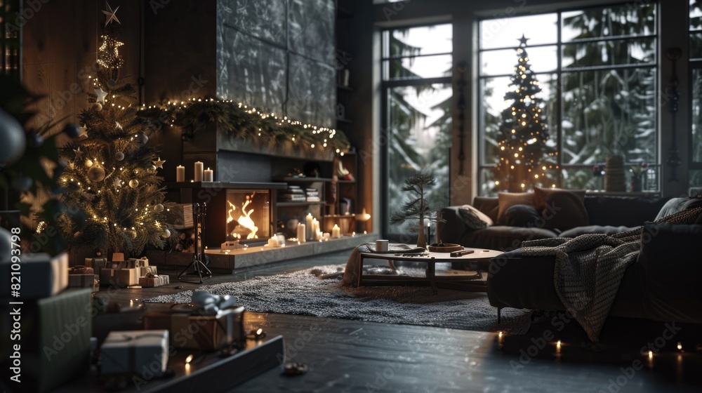 Cozy Winter Holiday Living Room with Fireplace and Christmas Tree Cozy Winter Holiday Living Room with Fireplace and Christmas Tree