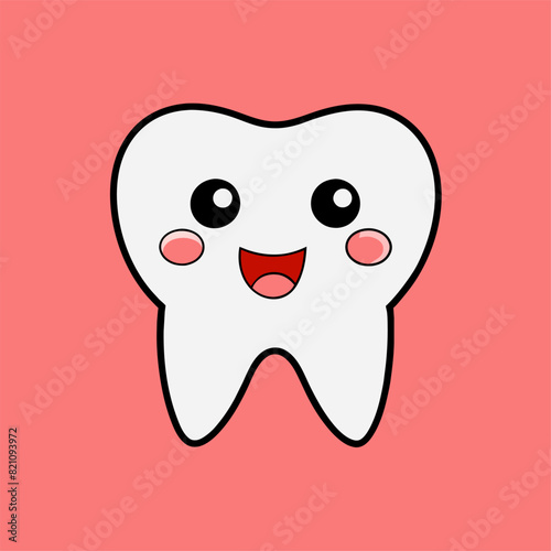 The image depicts a tooth happily smiling against a pink backdrop