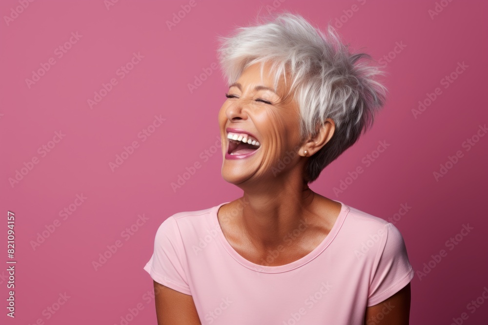 Portrait of a smiling woman in her 60s laughing isolated on solid color backdrop Portrait of a smiling woman in her 60s laughing isolated on solid color backdrop