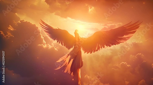 Artistic depiction of a phoenix soaring in a fiery sunset sky