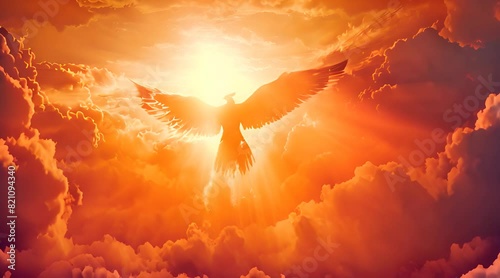Fiery phoenix soaring towards the sun above clouds at sunset or sunrise.