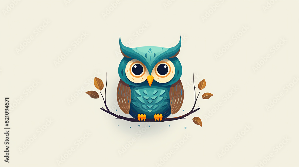 Design a cute and simple owl logo. The owl should be sitting on a branch with leaves. The color should be blue and brown. Design a cute and simple owl logo. The owl should be sitting on a branch with leaves. The color should be blue and brown.
