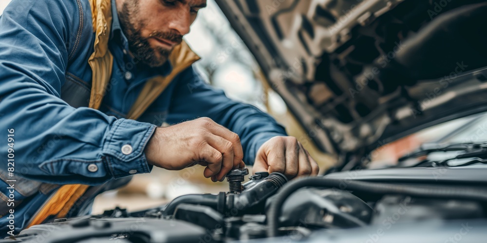 Fototapeta premium A mechanic meticulously works on a car engine, hands engaged in the repair work