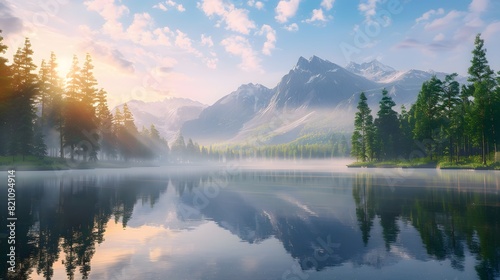 Sunrise over a misty mountain lake with reflections of trees and clouds in the calm water