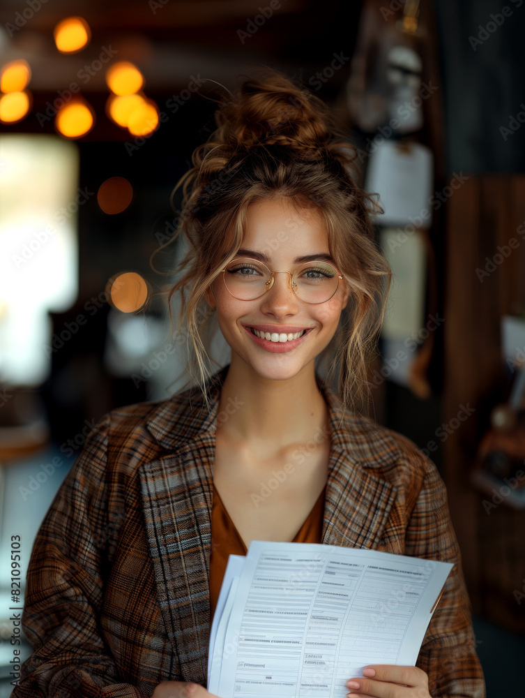 Optimistic professional woman in glasses showing impressive paper report Optimistic professional woman in glasses showing impressive paper report