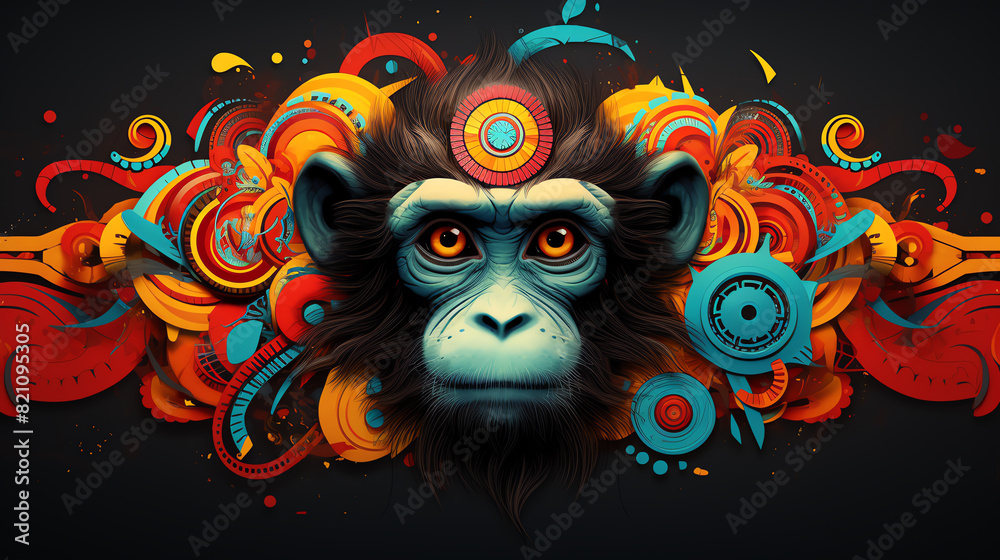 Create a digital painting of a monkey's face with bright colors and a graffiti-like background. The monkey should be looking at the viewer with a curious expression. Create a digital painting of a monkey's face with bright colors and a graffiti-like background. The monkey should be looking at the viewer with a curious expression.