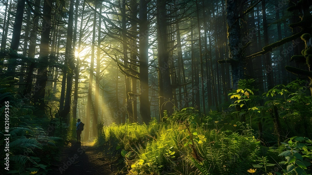 Obraz premium Solitary Sojourn: A Hiker's Tranquil Trek through a Sun-Dappled Forest