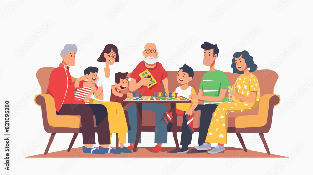 Big family of different generations playing board game
