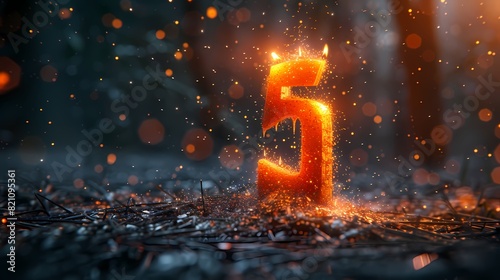 A dynamic shot showcasing a Birthday Candle fashioned into the shape of number 5, with sparks flying as the flames dance gracefully, evoking a sense of excitement and anticipation photo