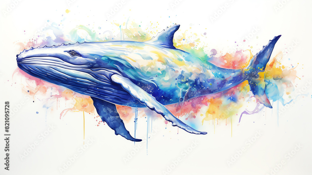 Fototapeta premium A beautiful watercolor painting of a whale. The whale is blue and white, with a splash of colorful watercolor. The whale is swimming in a sea of colorful watercolor.