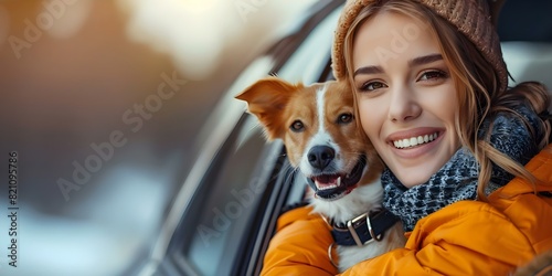 A joyful woman and her loyal dog in matching outfits on a scenic car ride. Concept Outdoor Photoshoot  Matching Outfits  Scenic Car Ride  Woman and Dog  Joyful Portraits