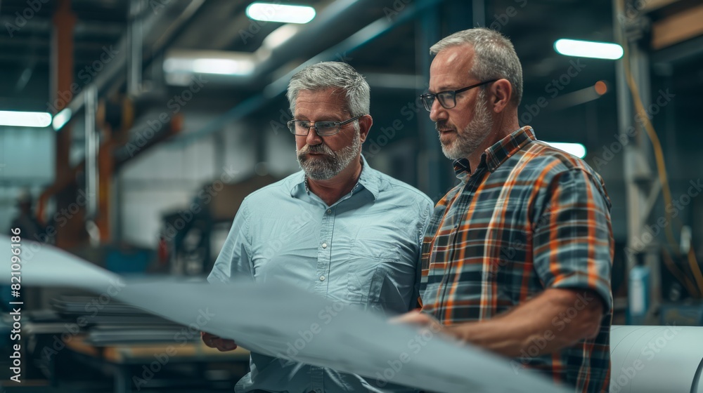 Architect and construction worker on a futuristic space station, reviewing technical blueprints for spaceship assembly. Architect and construction worker on a futuristic space station, reviewing technical blueprints for spaceship assembly.