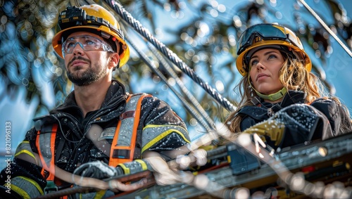 A team of male and female electricians wearing protective gear, helmets and reflective vests work together on a power line.