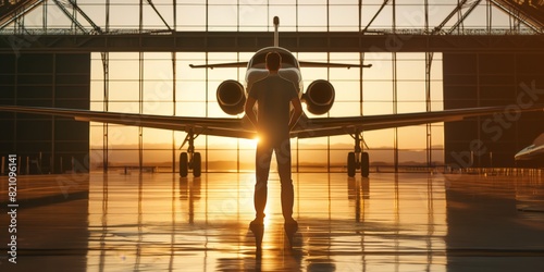 Silhouetted person stands confidently before a private jet  invoking themes of travel and ambition
