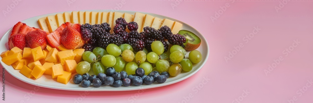 Top view of cubed cheese with berries, strawberries, kiwi, and grapes on a plate. Top view of cubed cheese with berries, strawberries, kiwi, and grapes on a plate.