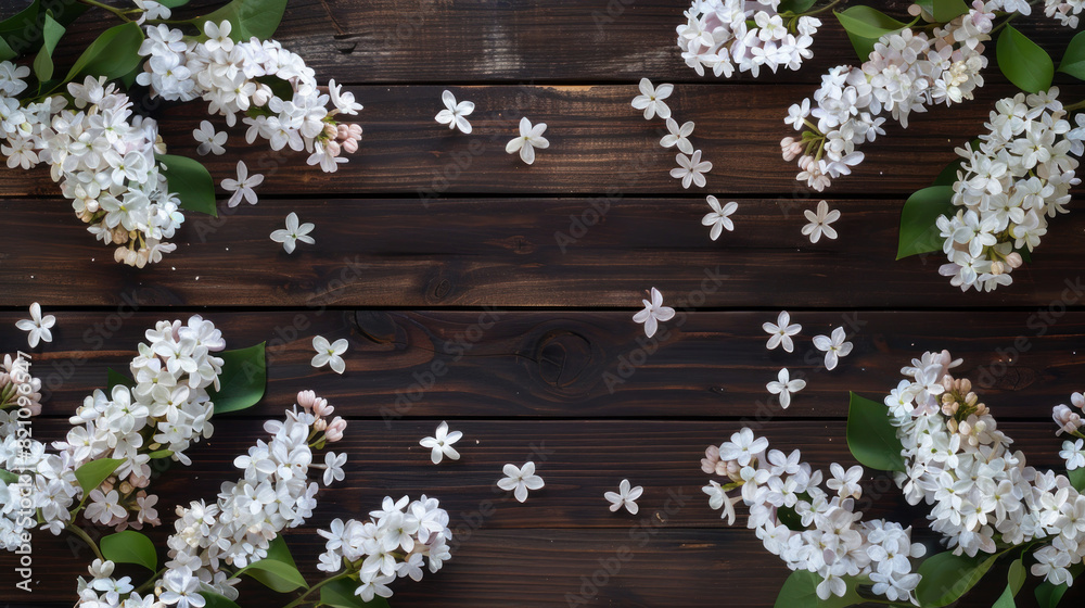 Beautiful lilac flower in white color in bloom on dark wooden background design, Lilac wallpaper illustration with copy space Beautiful lilac flower in white color in bloom on dark wooden background design, Lilac wallpaper illustration with copy space