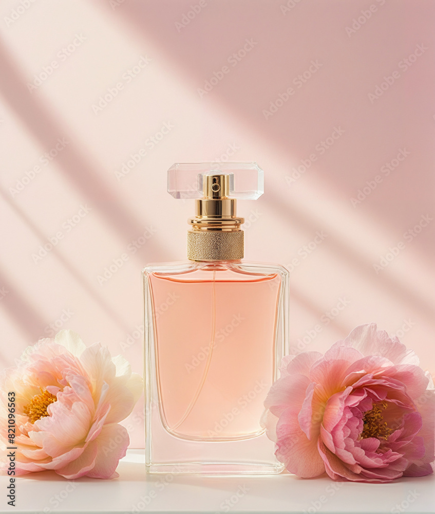 bottle of perfume and pink flower bottle of perfume and pink flower