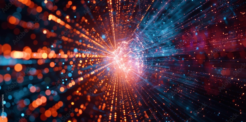 Obraz premium Digital Particles Explosion in Abstract Tech Background, Quantum Core, Computing Network System, Artificial Intelligence, and Global Data Connections