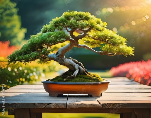 Close view of a beautiful bonsai tree on top of a wooden table in a garden surrounded by green plants and flowers. in golden hour