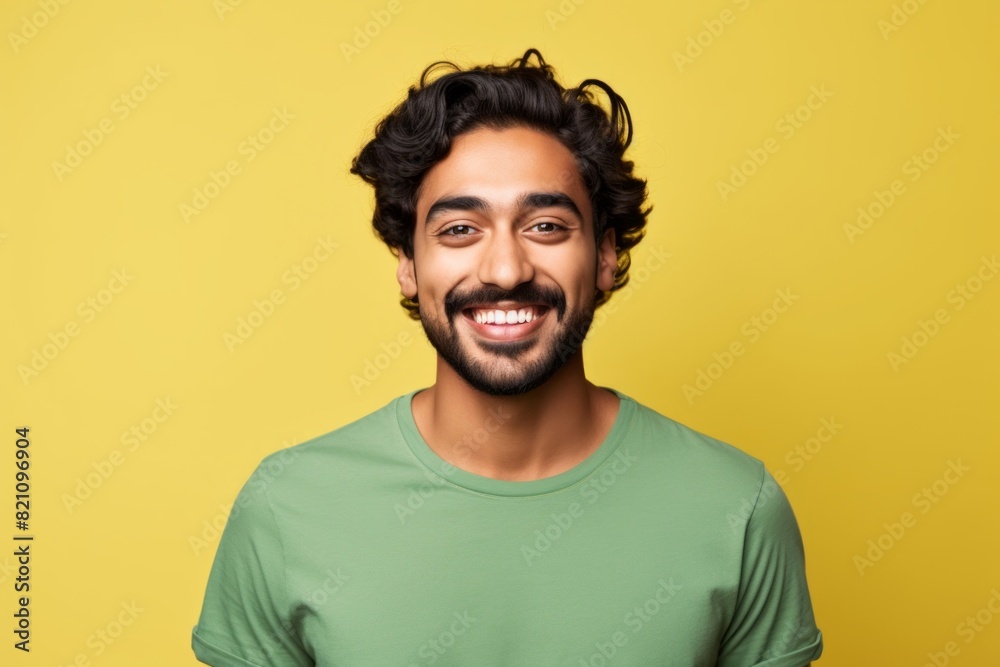 Obraz premium Portrait of a cheerful indian man in his 20s smiling at the camera while standing against solid color backdrop