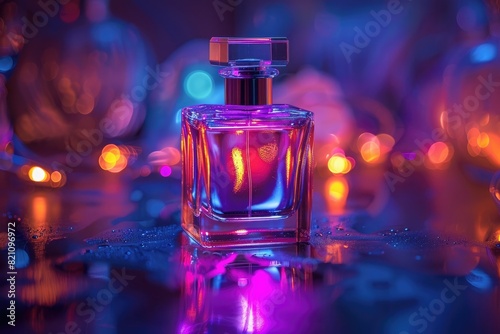 A bottle of perfume is lit up in a bright color