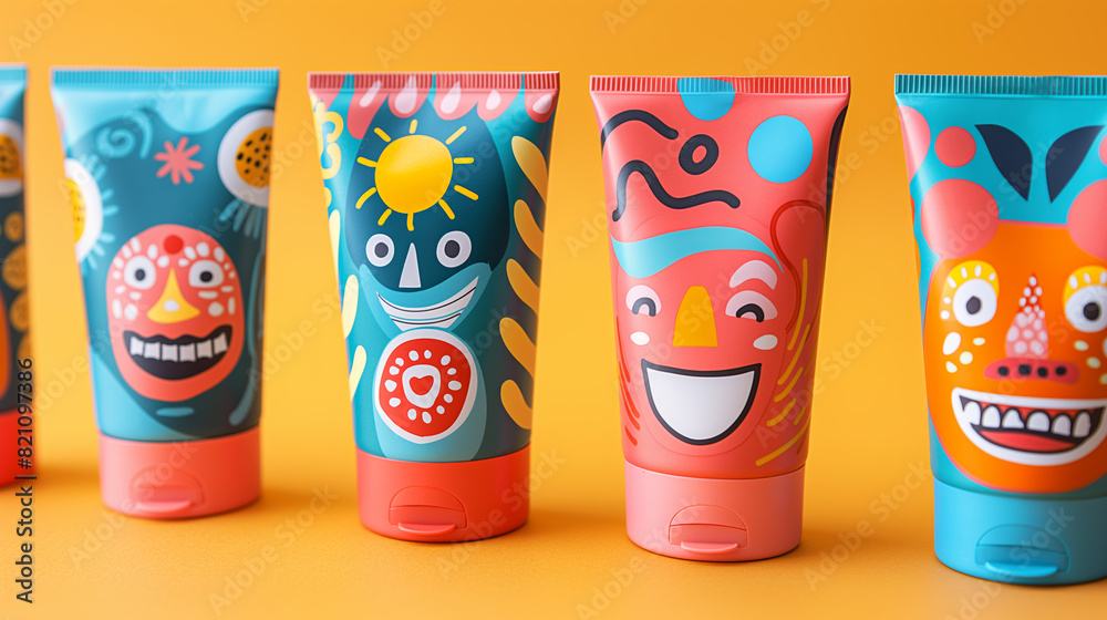 Colorful tubes foam package of face painting arranged in a row against yellow background