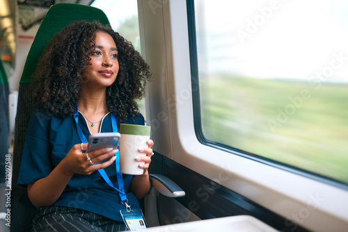 Εκτύπωση καμβά Female Doctor Or Nurse Commuting On Train With Mobile Phone And Reusable Coffee