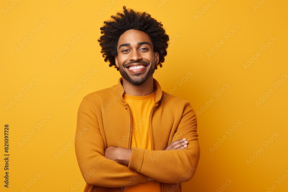 Obraz premium Portrait of a grinning afro-american man in his 20s with arms crossed while standing against solid color backdrop