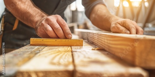 Closeup view of a craftsman's hands measuring wooden boards with a folding ruler, highlighting precision and skill photo