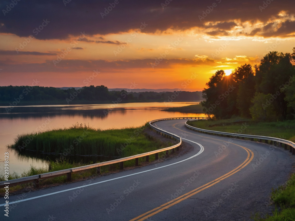 Scenic sunset view of a lake and winding road Scenic sunset view of a lake and winding road