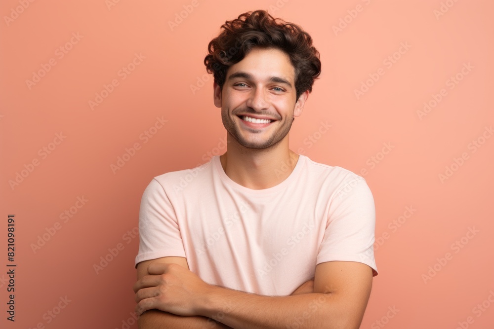 Portrait of a blissful man in his 20s with arms crossed on solid color backdrop Portrait of a blissful man in his 20s with arms crossed on solid color backdrop
