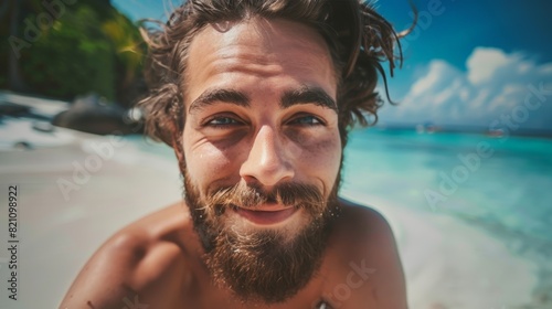 close-up shot of a good-looking male tourist. Enjoy free time outdoors near the sea on the beach. Looking at the camera while relaxing on a clear day Poses for travel selfies smiling happy tropical #821098922