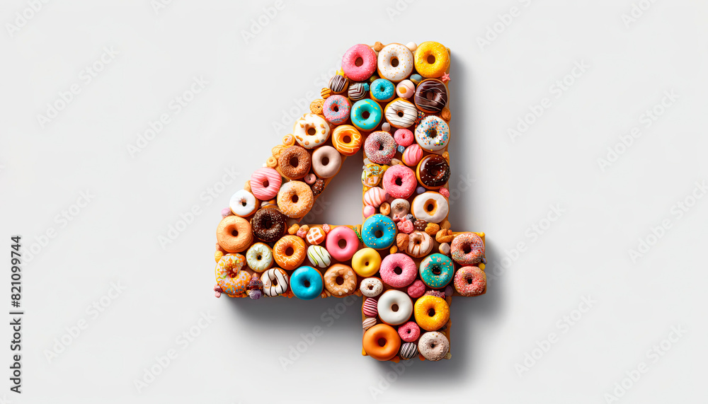Number 4 composed of colorful donuts and candies on a white background. Concept: celebration, sweetness, creativity. Ideal for bakeries, confectioneries, marketing materials, and birthday parties. Number 4 composed of colorful donuts and candies on a white background. Concept: celebration, sweetness, creativity. Ideal for bakeries, confectioneries, marketing materials, and birthday parties.