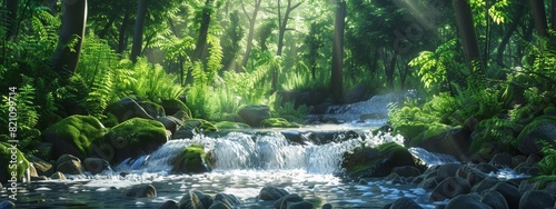 A serene, forest stream background with flowing water and lush greenery.