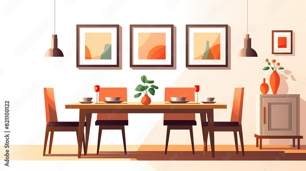 A sophisticated dining area set off against a stark white background A sophisticated dining area set off against a stark white background