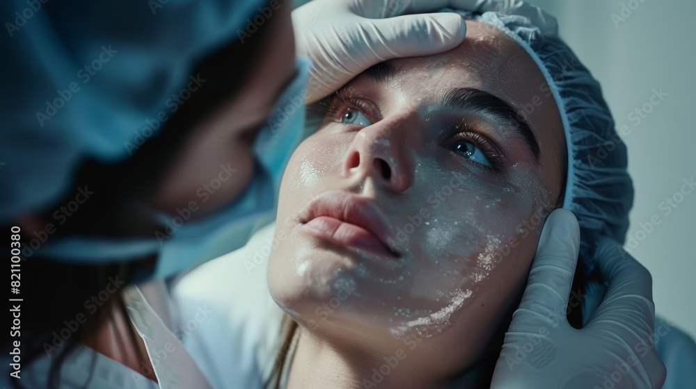 plastic surgery, beauty, Surgeon or beautician touching woman face, surgical procedure that involve altering shape of nose, doctor injection to prepare for rhinoplasty, medical assistance, health plastic surgery, beauty, Surgeon or beautician touching woman face, surgical procedure that involve altering shape of nose, doctor injection to prepare for rhinoplasty, medical assistance, health