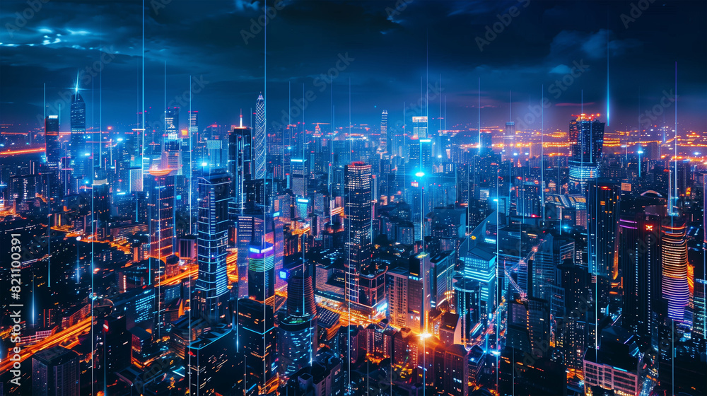 Fototapeta premium Futuristic cityscape at night, illuminated by neon lights, showcasing advanced urban development and smart city technology