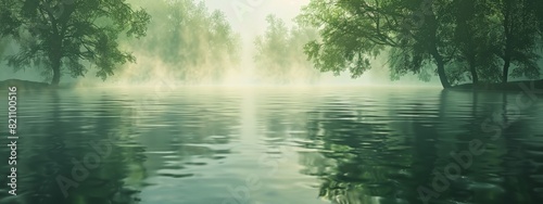 A serene  lake background with still waters and reflections of the surrounding trees.