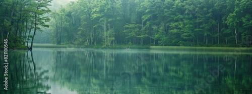 A serene, lake background with still waters and reflections of the surrounding trees.