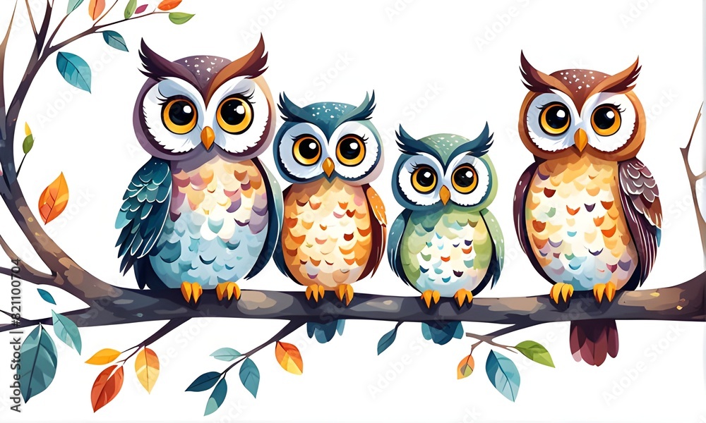 Watercolor cartoon style clipart of a family of cute owl birds on a tree isolated white background Watercolor cartoon style clipart of a family of cute owl birds on a tree isolated white background