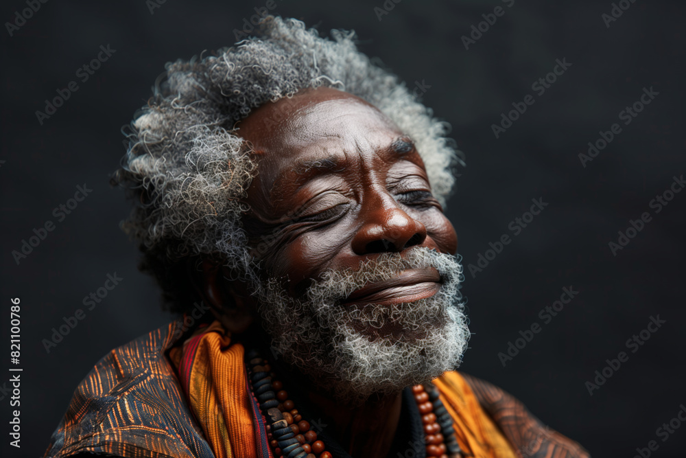 Grey-haired bearded black man, happy with closed eyes, satisfied, against textured gray background Grey-haired bearded black man, happy with closed eyes, satisfied, against textured gray background