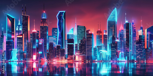 Futuristic Cityscape at Night, Urban Innovation, Smart Cities, Advanced Infrastructure, Neon Lights #821100700