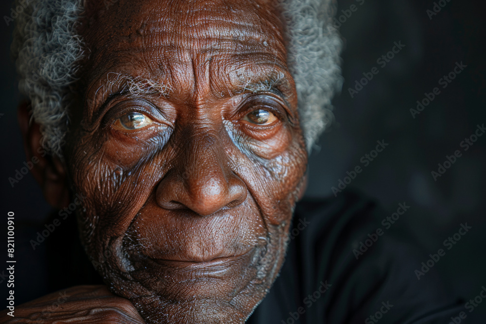 Close-up of old black man wearing black shirt against blank grey textured background for advertising Close-up of old black man wearing black shirt against blank grey textured background for advertising