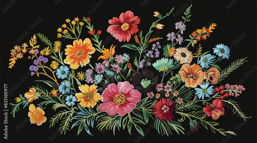 Bouquet of wild flowers embroidered with colorful theme